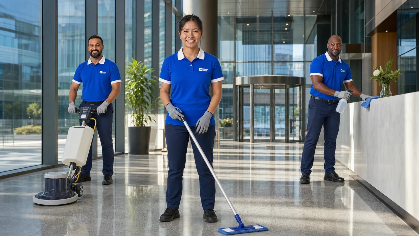 Clean Best cleaning team in uniform preparing equipment before a commercial clean in Sydney NSW