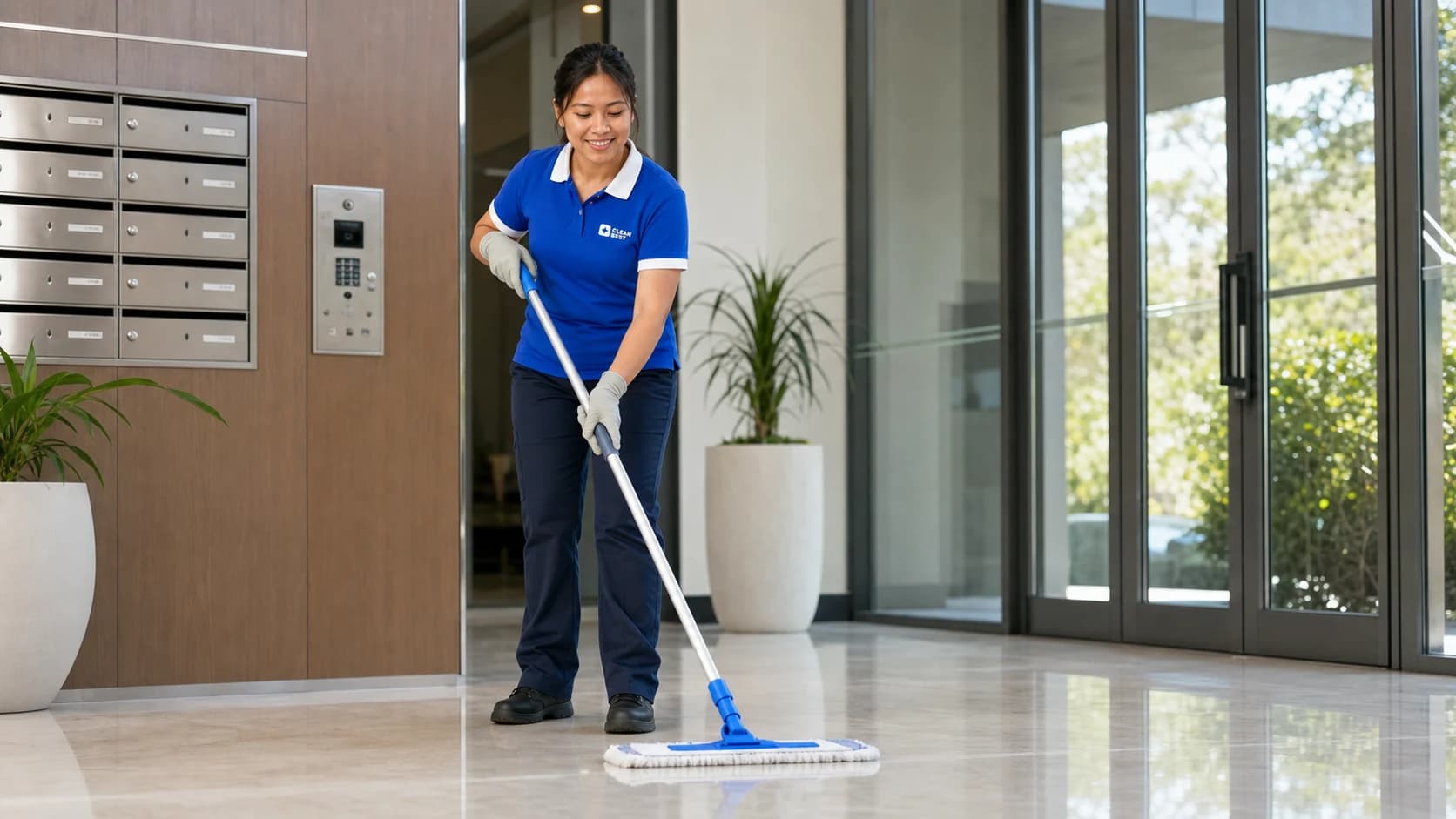 Clean Best cleaner polishing glass in a Chatswood commercial building NSW