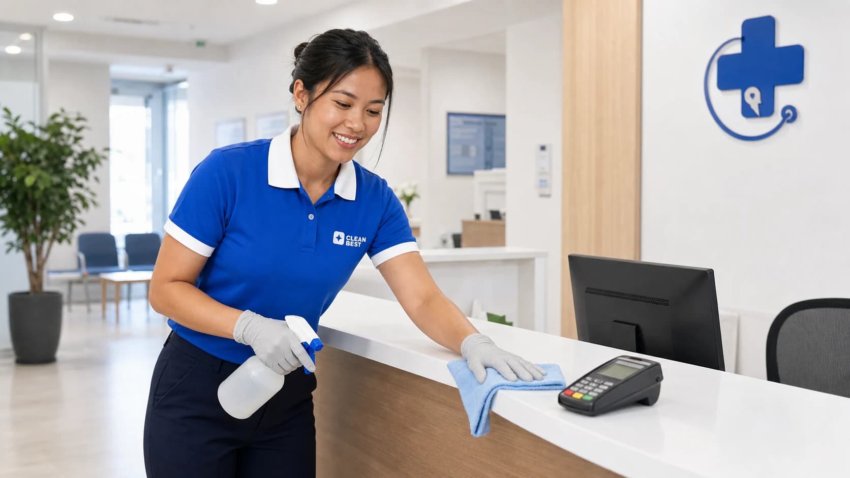 Clean Best cleaner disinfecting a Liverpool medical centre waiting room NSW