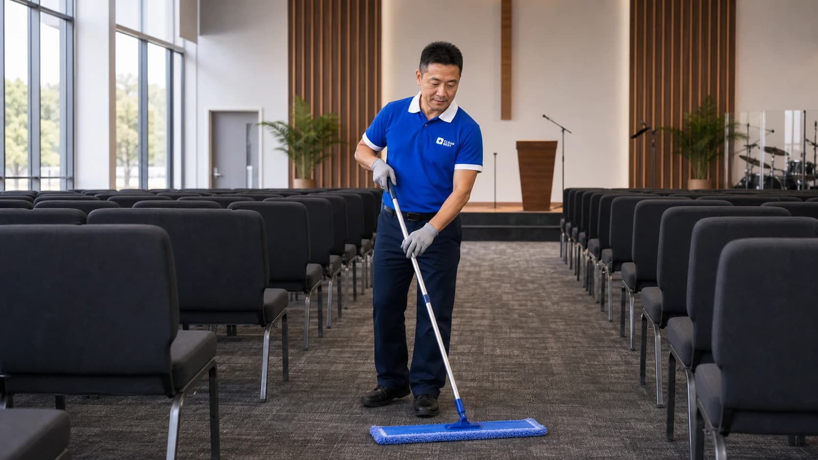 Clean Best cleaner polishing timber pews in a Sydney church NSW