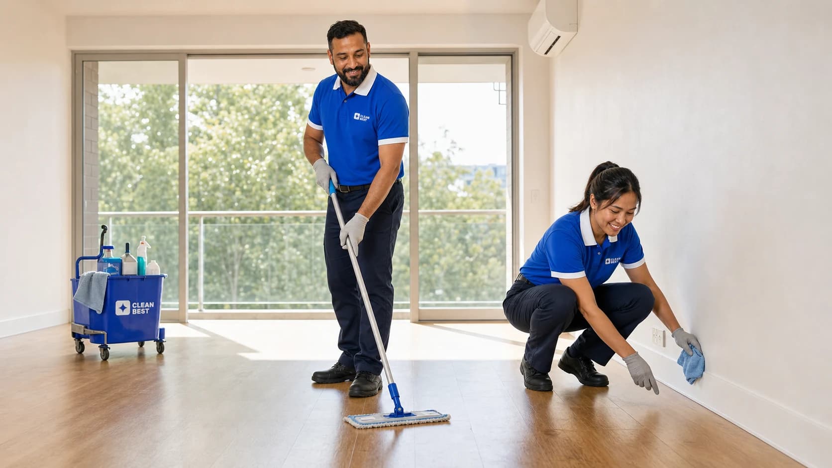 Two Clean Best cleaners deep cleaning the floor and skirting boards of an emptied room during a home deep clean in Sydney, NSW
