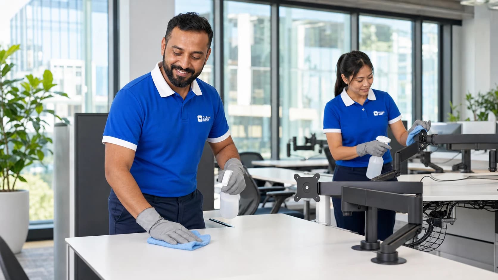 Clean Best cleaner sanitising desks and meeting room surfaces during an office cleaning shift in a Sydney workplace NSW