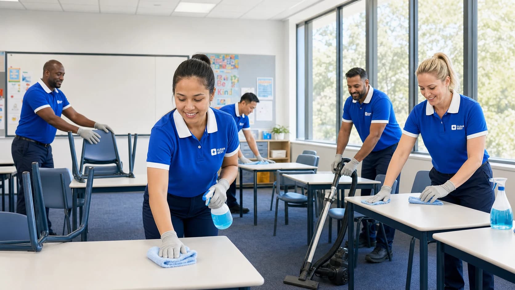 Clean Best cleaner mopping a school classroom floor in Sydney NSW